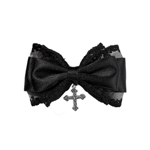 Gothic black satin hair bow with delicate lace trim and vintage silver cross pendant