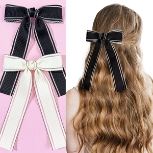 Elegant Bow Hair Clip With Long Streamers Checkered Ribbon Scalloped Lace Edge Duckbill Clip For Women Sweet Hair Accessory