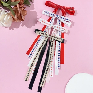 Ethnic style floral embroidery bow hair clips with long ribbons and lace edges