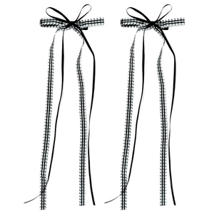 Pair of ballet style black and white plaid lace bow hair clips with long ribbon streamers