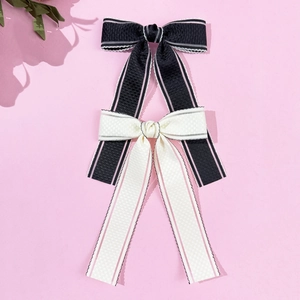 Elegant checkered lace bow hair clip with long ribbons in black and beige colors