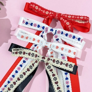 Sweet floral embroidery heart ribbon hair clips set in red pink white and black