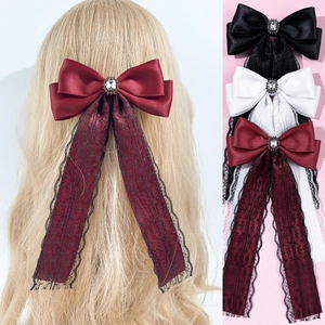 French Elegant Satin Bow Hair Clip With Lace Streamer Rhinestone Center Large Spring Clip Headwear For Women Fashion Accessory