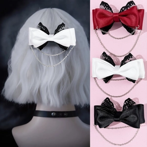 Barrette à Cheveux Nœud en Dentelle Lolita Gothique avec Chaîne en Métal Nœud en Sangle Pince Bec de Canard Mode Femme