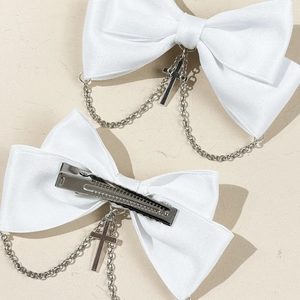 Barrettes nœuds blancs avec croix gothiques et chaînes métalliques pour femmes
