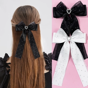 Pince à Cheveux Nœud en Maille Style Ballet Doux Avec Cœur Strass Long Ruban Barrette pour Femme Accessoires de Mode