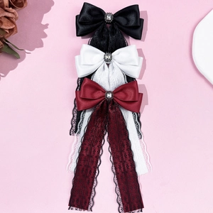 Elegant lace bow hair clips with long tassels and crystal center in black white and burgundy