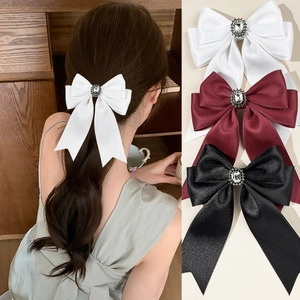 Vintage Satin Bow Hair Clip With Rhinestone Long Streamers Dark Sweet Cool Style Duckbill Clip Elegant Headwear For Women