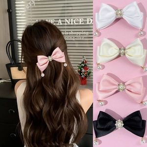 Vintage Satin Bow Hair Clip With Rhinestone Artificial Pearl Flower Plate And Artificial Pearl Dangle Elegant Princess Duckbill Clip For Women