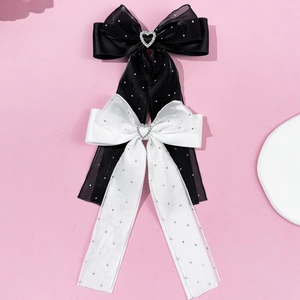 Ensemble élégant de barrettes à nœuds en résille noir et blanc avec strass de cœur