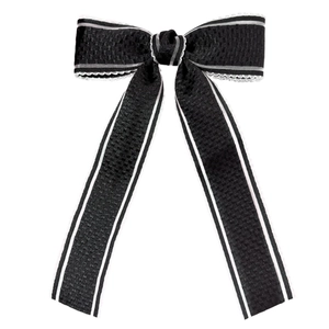 Elegant black bow hair clip with white lace trim and striped ribbons for women