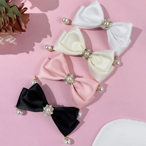 Elegant satin bow hair clips with pearls and rhinestones in four soft colors