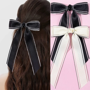 Élégante Pince à Cheveux Nœud en Sangle Fait Main avec Longs Rubans Style Coréen Rayé Pince Bec de Canard pour Femme