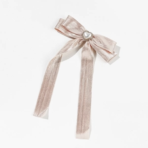 Fermaglio per capelli fiocco rosa scintillante con perla cuore e nastri lunghi