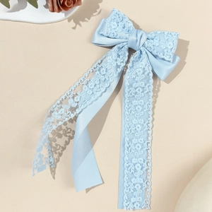 Elegant light blue silk satin hair bow clip with long lace ribbon streamers