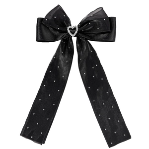 Barrette à nœud en dentelle noire avec boucle cœur en strass et longs rubans