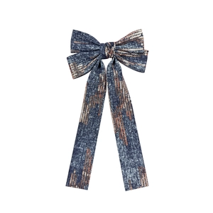 Denim bow hair clip with orange sequins and long ribbons for stylish women