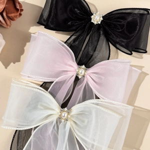 Bow hair clip with mesh ribbon, large pearls and rhinestones in three elegant colors