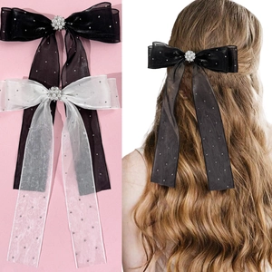 Pince à Cheveux Nœud en Maille Organza Élégante Avec Long Ruban Strass Künstliche Perle Épingle à Cheveux Scintillante pour Mariage Femme