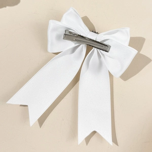 White silk satin bow hair clip with silver metal duckbill clip for women's hairstyle