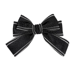 Elegant black bow hair clip with gray stripes and lace edge on white background