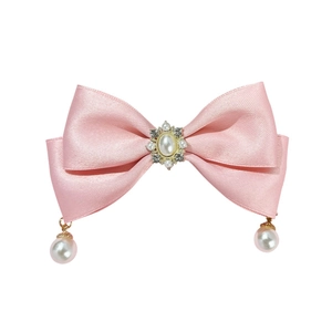 Pink satin bow hair clip with vintage pearl center and dangling teardrop pearls