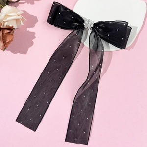 Barrette à cheveux avec nœud en tulle noir scintillant et perles blanches élégantes
