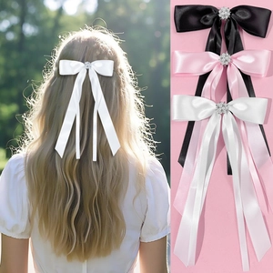 Bowknot Streamer Hair Clip Satin Long Ribbon Hairpins With Artificial Pearl Rhinestone Elegant Hair Accessories For Women Wedding Party