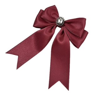 Elegant wine red satin bow hair clip with a large rectangular rhinestone centerpiece