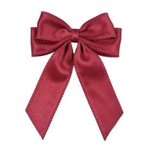 Elegant burgundy double-layer satin bow hair clip with lace edges and long flowing ribbons