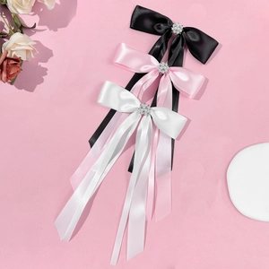 Three-piece set of satin bow hair clips with pearls and rhinestones in black pink white