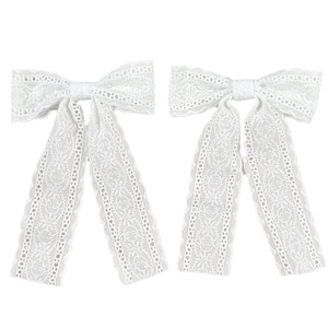 Pair of sweet white lace bow hair clips with long ribbons in elegant romantic style