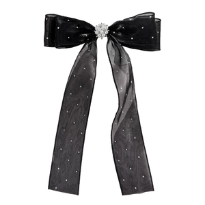 Pince à cheveux noeud en organza noir avec strass brillants et perles blanches décoratives