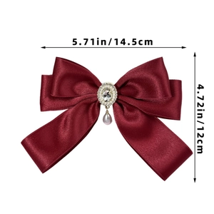 Burgundy satin bow hair clip with crystal and pearl charm, size 14.5cm by 12cm