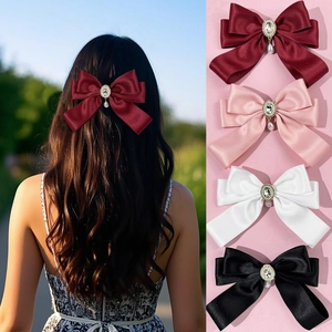 French Vintage Satin Bow Hair Clip With Rhinestone Elliptical Frame And Teardrop Artificial Pearl Pendant Women Hair Accessories