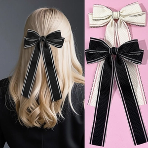 Barrettes à nœud à carreaux avec rubans longs en noir et blanc crème pour femmes