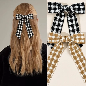 Pince à Cheveux Nœud Pied de Poule Vintage Pour Femmes Style Français Tissu Ruban Streamer Clip à Ressort Accessoires Cheveux