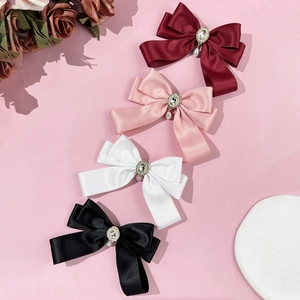 French vintage satin bow hair clips set with rhinestones and teardrop pearls