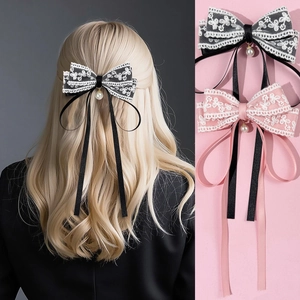 Vintage Lace Bow Ribbon Hair Clip With Artificial Pearl Pendant Sweet Elegant Satin Long Streamer Hairpin Fairy Hair Accessories Women