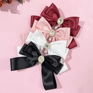 French vintage satin bow hair clips with rhinestone gems and teardrop pearls