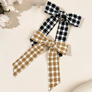 Barrette nœud élégante à motif pied-de-poule avec rubans longs en tweed noir et marron