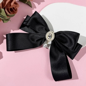 Elegant French vintage black satin bow hair clip with rhinestones and pearl pendant