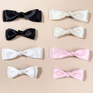 French style double-layer satin bow hair clips in cream, black, white and pink colors