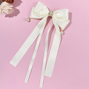 Eleganter cremeweißer Satin-Haarclip mit Schleife, Perlen- und Kristallblumen-Detail
