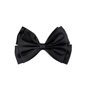 Classic black grosgrain ribbon bow hair clip with tiered design on white background