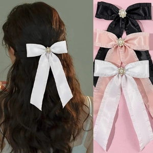 Große Satin Schleife Streamer Haarklammer Französisch Rüschen Band Haarspange Mit Imitationsperle Strass Elegante Kopfbedeckung