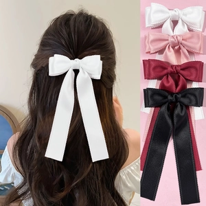 Elegant Satin Ribbon Bow Hair Clip With Long Streamers Scalloped Edges Sweet Hair Accessory For Women Versatile Spring Clip