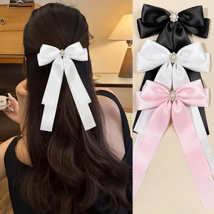 Elegant Satin Bow Hair Clip Long Streamer Faux Artificial Pearl Rhinestone Inlaid Spring Clip For Women Wedding Party Hair Accessory