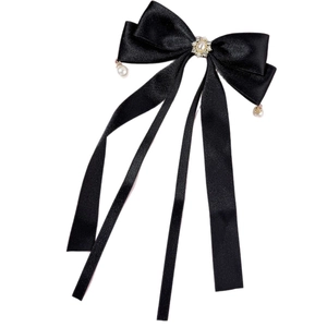 Schwarze Satin-Haarschleife mit Strass, Perlen und langen hängenden Seidenbändern