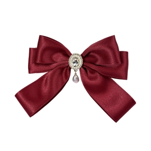 French vintage burgundy satin bow hair clip with rhinestone and drop pearl accent